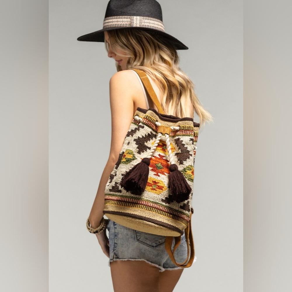 Bucket Style Backpack - Boho Ethnic Inspired Navajo Pattern - Handwoven Cotton - Picture 7 of 10